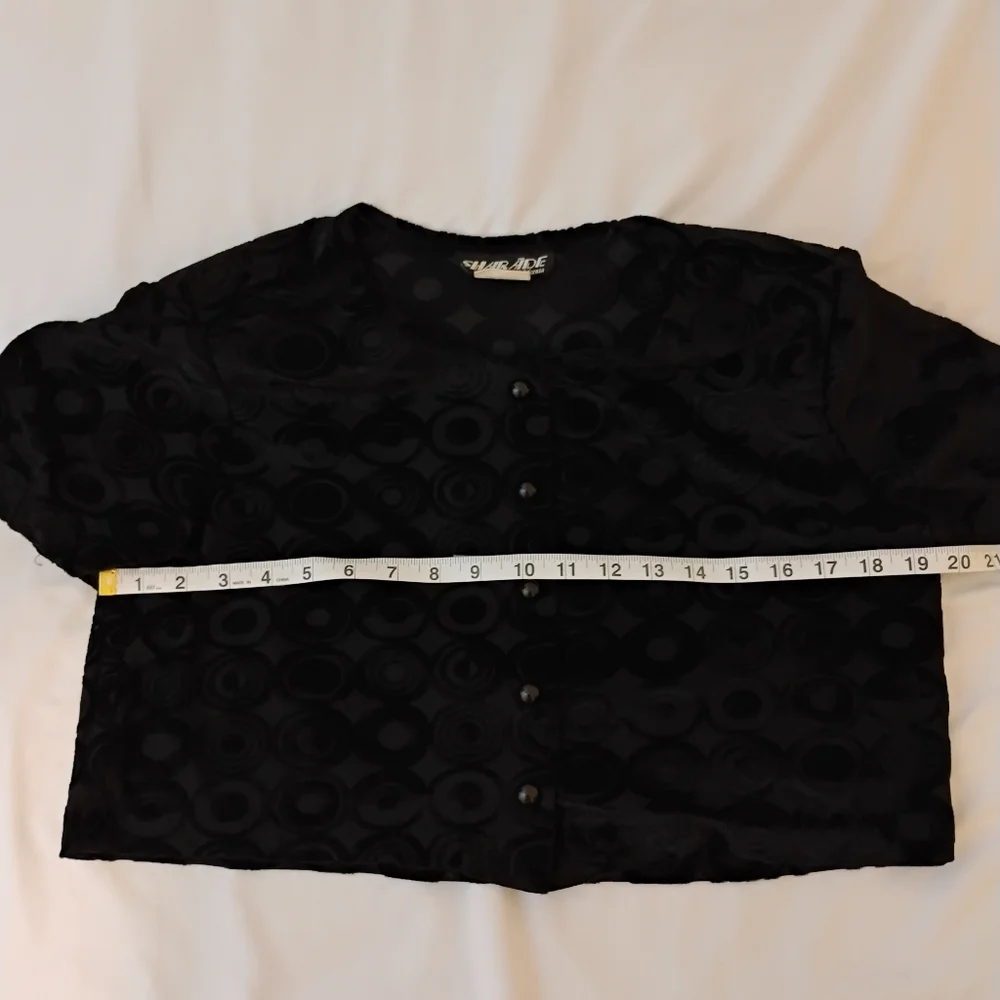 SHARADE Vintage 90s Blk Retro Goth Semi Sheer Velvety Crop Button Blouse Women L